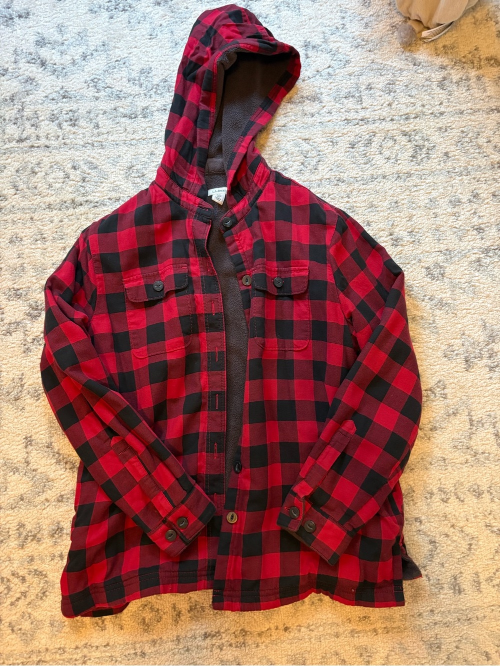 L.L. Bean Red and Black Plaid Hooded Shirt Jacket